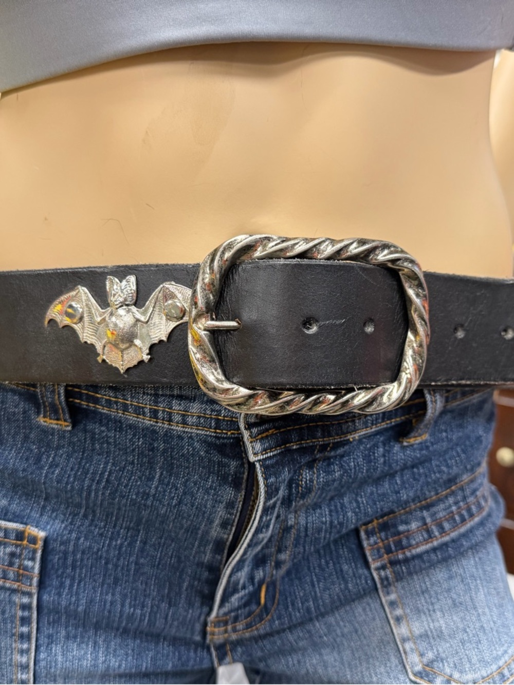 Black Silvertone Bat Belt Maybe /Maybe Not Leather No Marks 40” long